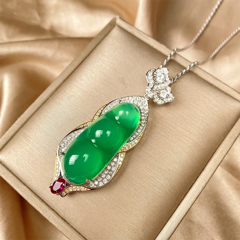 REDheart Inlaid Green Chaltony Fudou Brass Necklace with Zircon Flower Shape Pendant Rhodium Plated Women's Jewelry Set