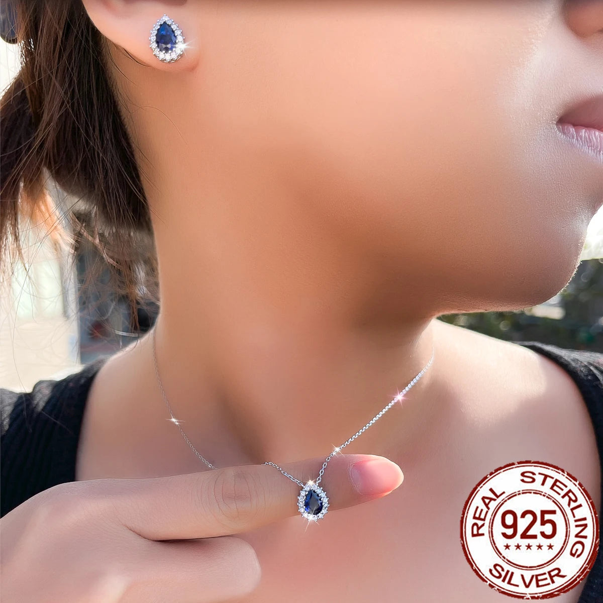 S&S 925 Silver Royal Blue CZ Teardrop Necklace & Earrings Set – Pear Cut – Rhodium Plated – Collection