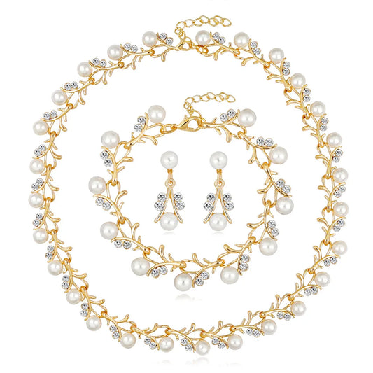 RFJEWEL Bridal Jewelry Necklace Earrings Bracelet Set Plated for Wedding Dress Gold with Pearl Stone Cheap Price Luxury Romantic