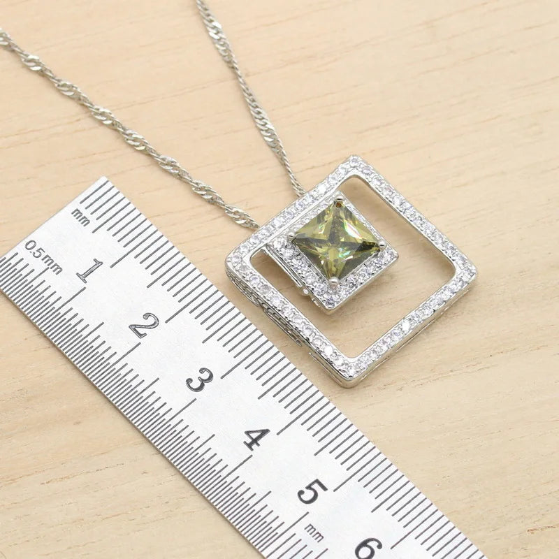 XOTICA Classic 925 Silver Jewelry Set Olive Green Semi-Precious Women's Zircon Ring Earrings Pendant Necklace for Party Christmas Gift