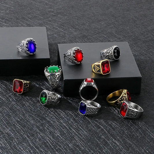 Kalen Vintage Viking Jewelry Luxury Court Style Gemstone Carved Zircon Inlays Stainless Steel Men Rings