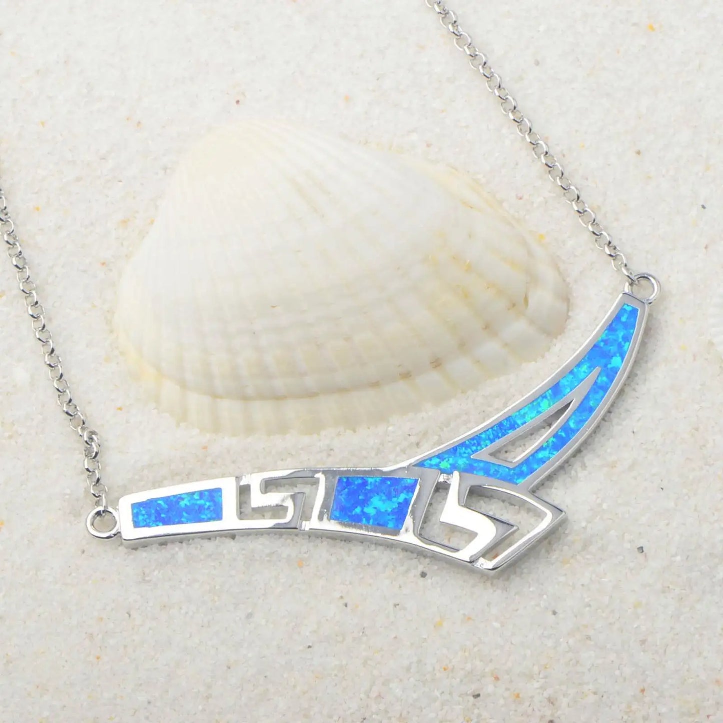 Aobao Christian Silver Plated Copper Link Chain Long Sweater Necklace with Geometric Design Minimalist Opal Stone Women's Gift