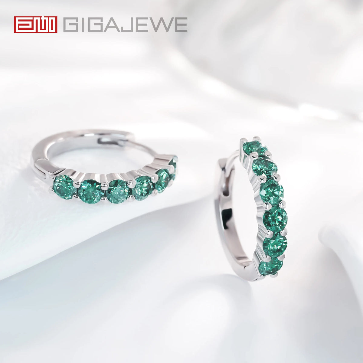 GIGAJEWE 3.0mm Total 1.2ct White/ Blue/ Green Color Moissanite Silver 925 Plated White 18k Gold Hoop Earrings