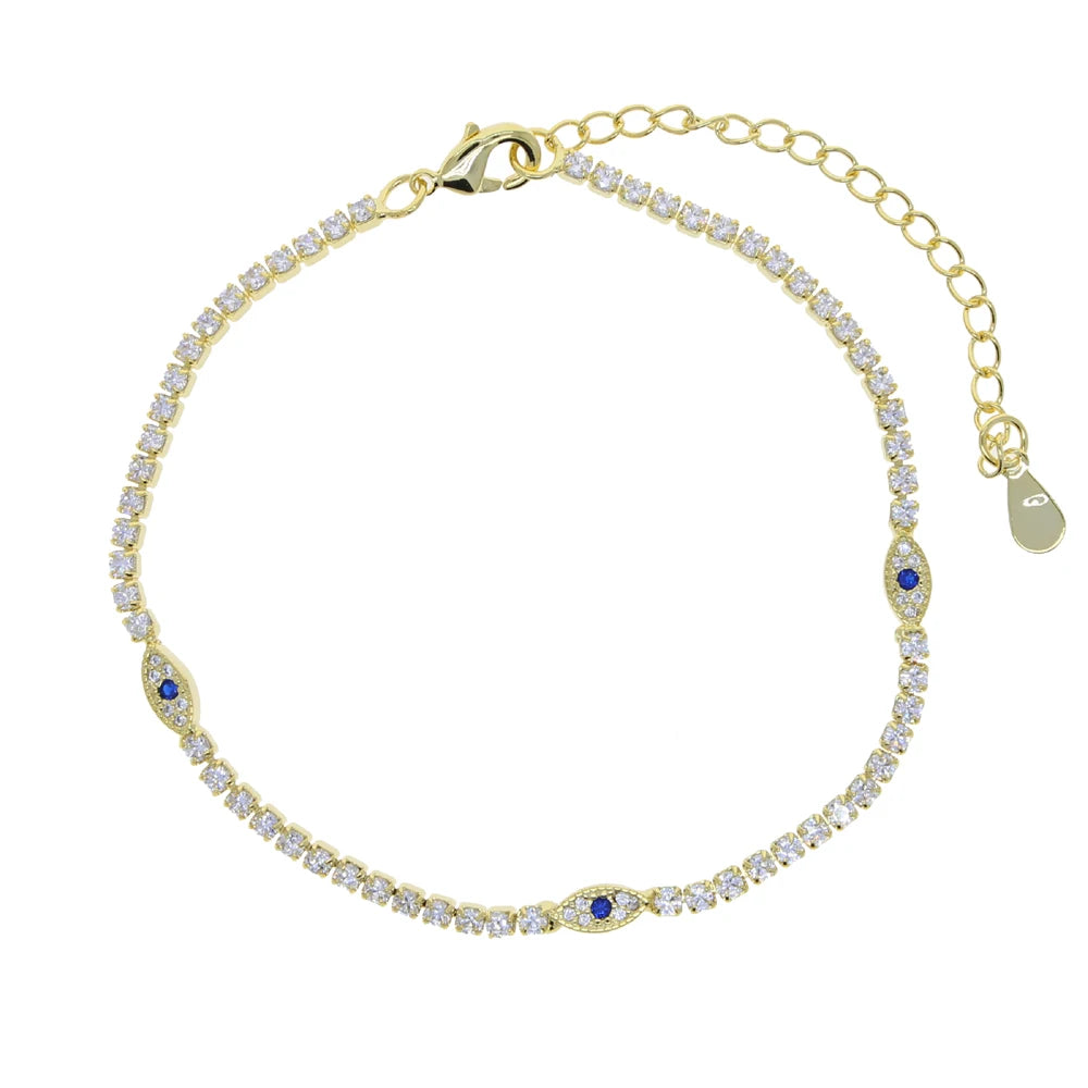 High Quality Summer Beach New Styles Paved Clear Blue CZ Evil-Eye Charm Foot Anklet 2mm Tennis Link Chain Jewelry for Women Girl