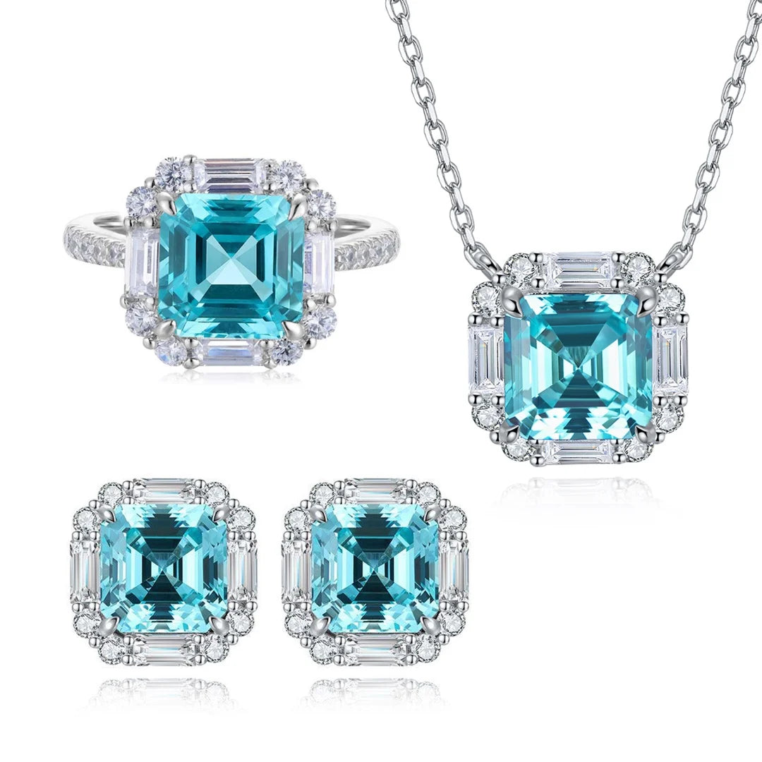 Gemfiori Rhodium Plated S925 Silver Square Pendant Earrings Set Asscher Cut Lab Grown Paraiba Jewelry Set for Women Anniversaries