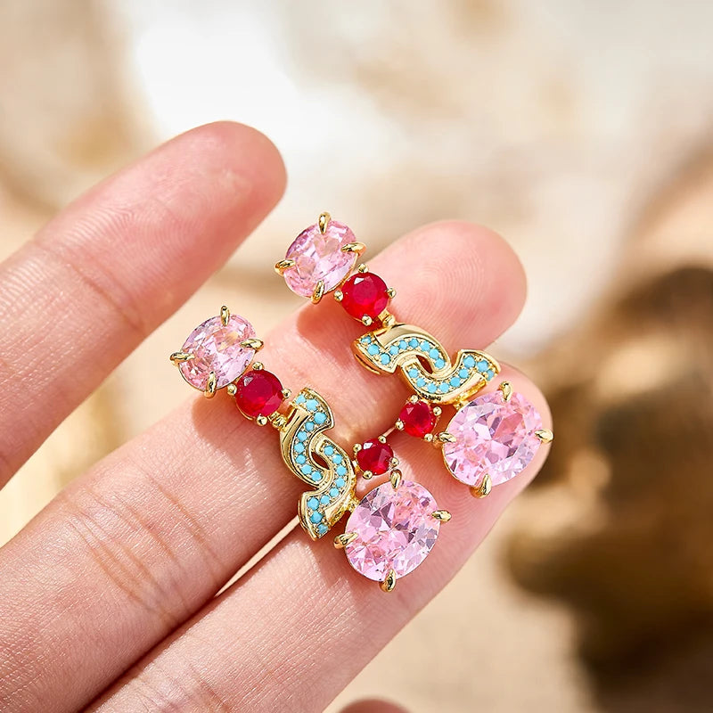 New Pink Blue S-shaped Necklace Earrings Gold Plated Elliptical Colourful Zirconia Elegant Bridal Engagement Dress Set