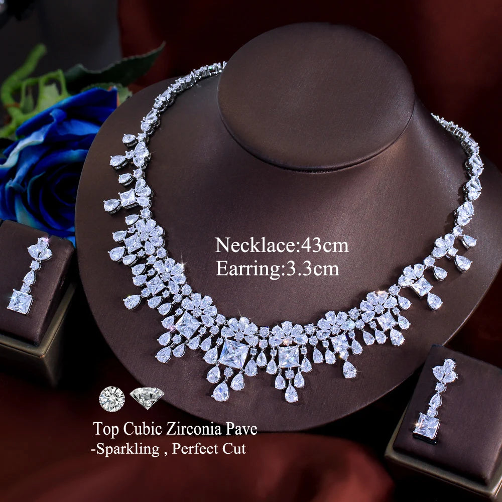 2pcs Necklace Earrings Gorgeous Yellow Square Zirconia Luxury Tassel Water Drop CZ Bridal Wedding Party Jewelry Set for Women