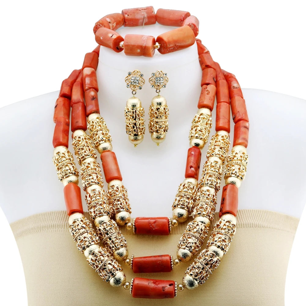 Zhuerrui High-end Red Coral Beaded Jewelry Nigerian Bridal Necklace Set Suitable for Weddings and Cultural celebrations YL3120