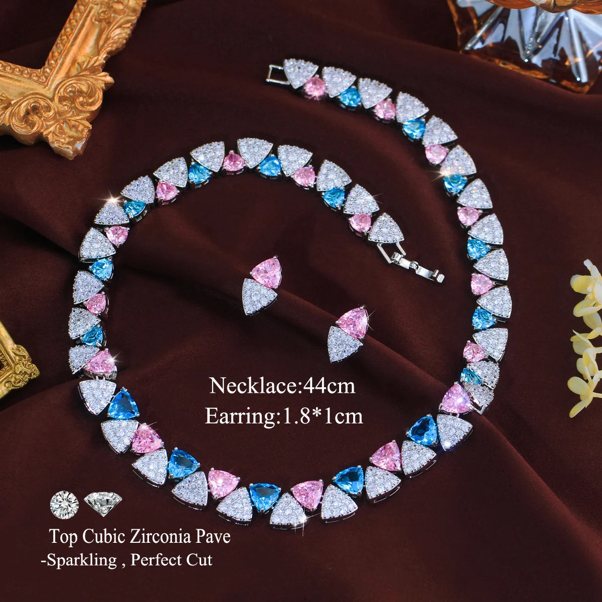 Light Blue Pink Triangle Zircon Jewelry Set Rhodium Plated Micro Pave Necklace Earrings Jewelry Set for Brides Wedding Banquet