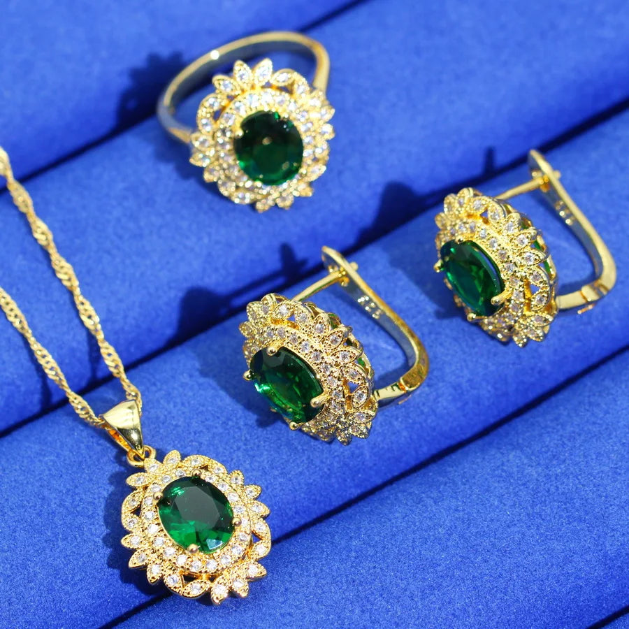 XOTICA Women's Gold Plated Classic Style Jewelry Set with Green Zircon Includes Earrings Necklace Pendant Ring for Wedding or Party