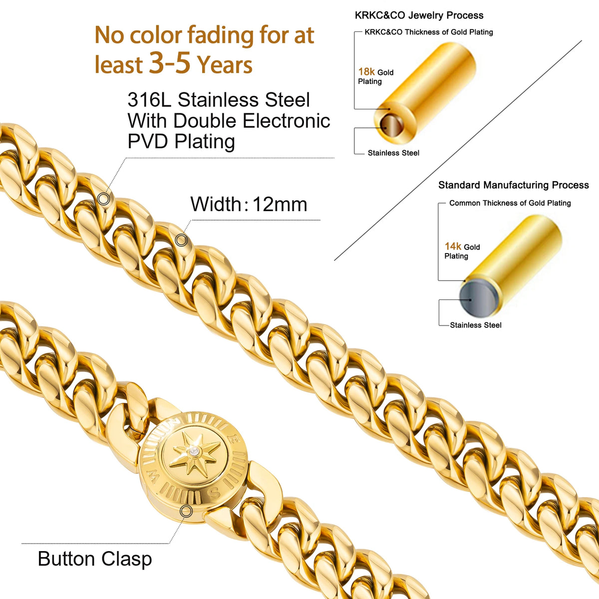 S&S Easter Faith Gifts Cross Lion Compass Anti-tarnish Jewelry 18K Gold Plated Stainless Steel Mens Miami Cuban Link Chain Bracelet