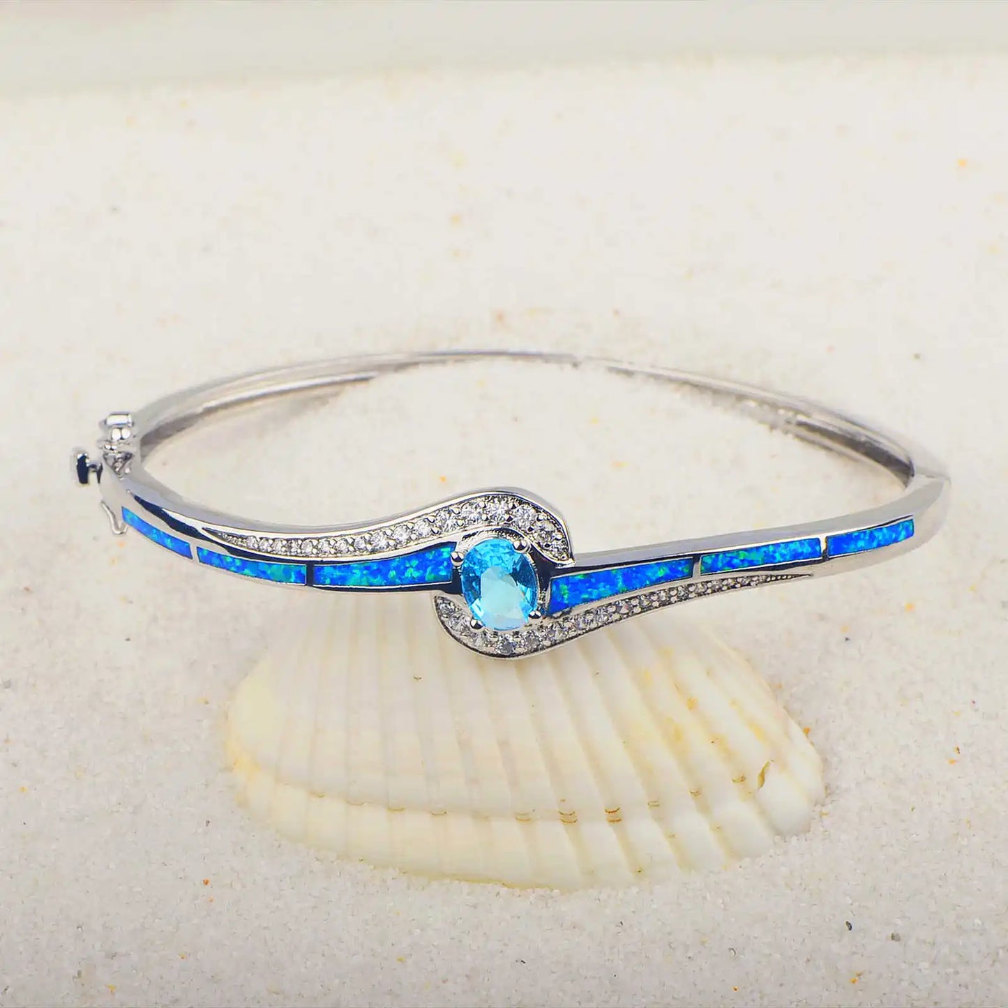 Elegant Blue Opal Bangle Aobao Aquamarine Crystal Inlaid Silver Tone Fashion Jewelry