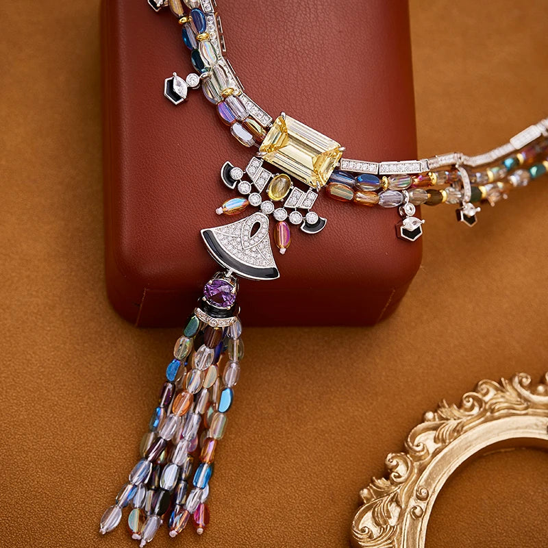 Luxurious and Colorful Cubic Zirconia Brass Necklace Earrings with Tassel Enamel Craftsmanship Suitable for Women's Accessories