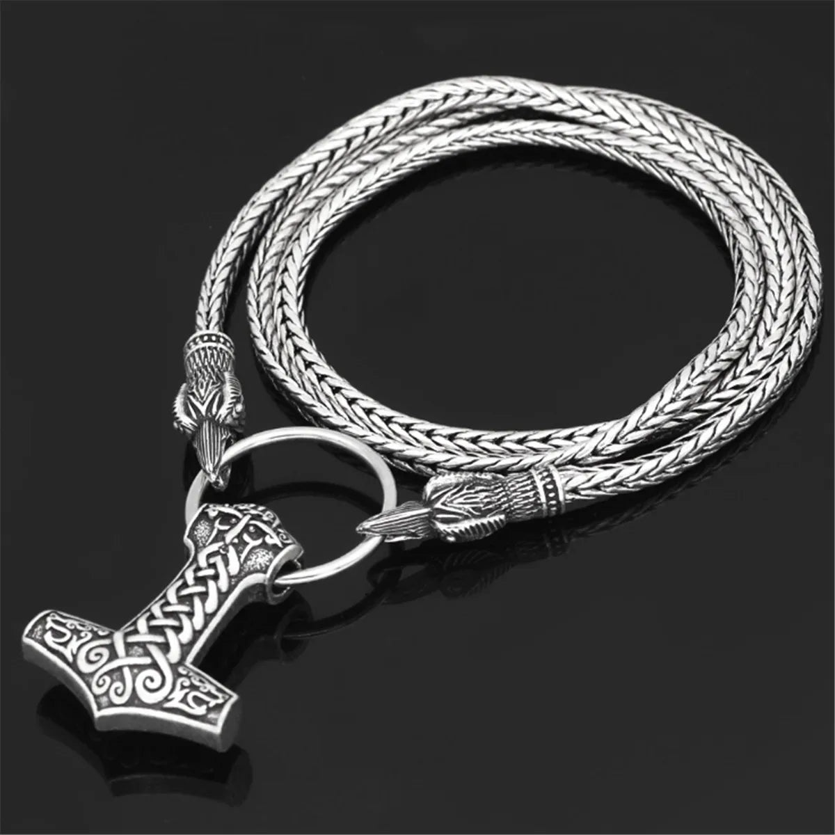REBEL VIKING Odin Wolf Head & Thor Hammer Mjolnir Pendant Necklace – Silver 60cm