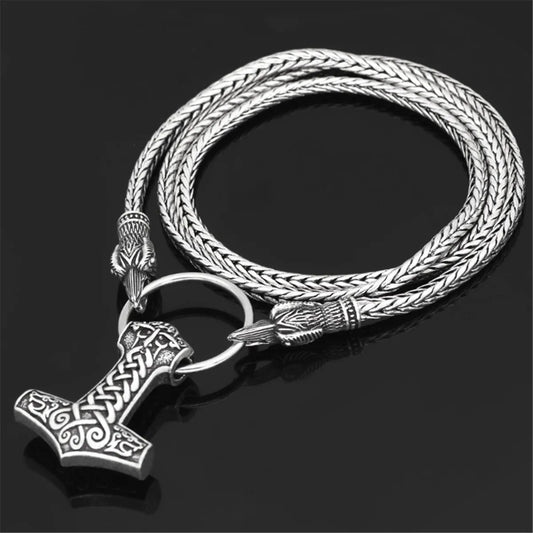 Men Vintage Silver Viking Odin Wolf Head With Thor Hammer MJOLNIR Pendant Necklace Jewelry Gift