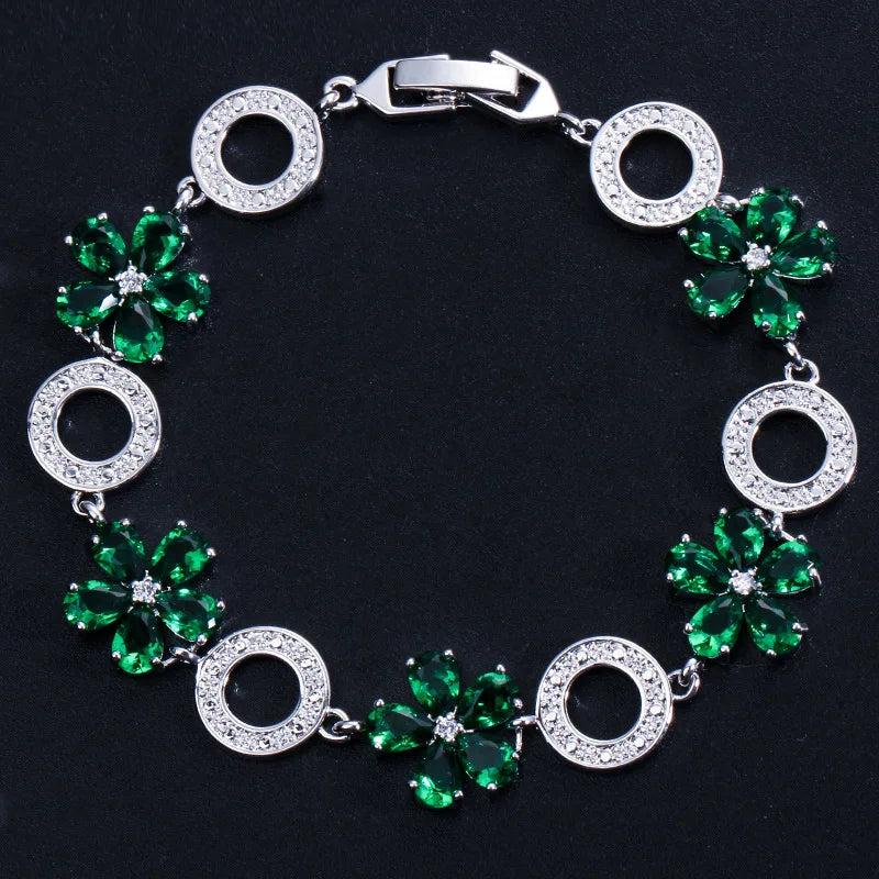 Women's Trendy Floral Design AAA Zirconia Beaded Bracelet 925 Silver Stamped Geometric Jewelry Platinum Plated Gift for