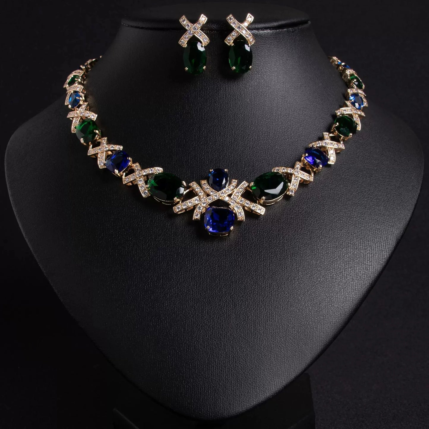 XM S299 Gold Plated Oval Cut Zircon Floral Statement Necklace & Earrings Bridal Set