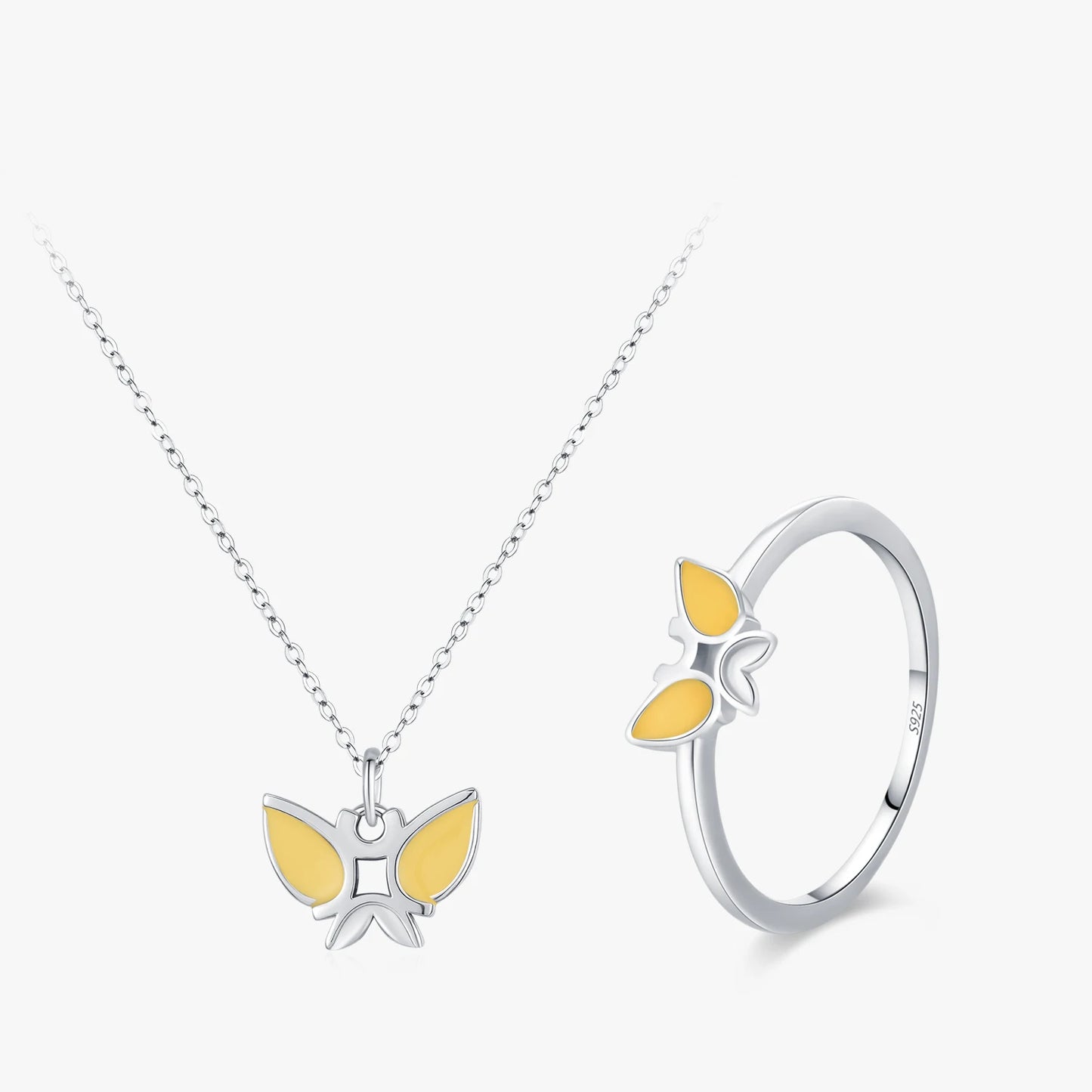 Ailmay 925 Sterling Silver Cute Enamel Butterfly Finger Rings Necklace Set For Women's Cartoon Insect Charm Jewelry Gift
