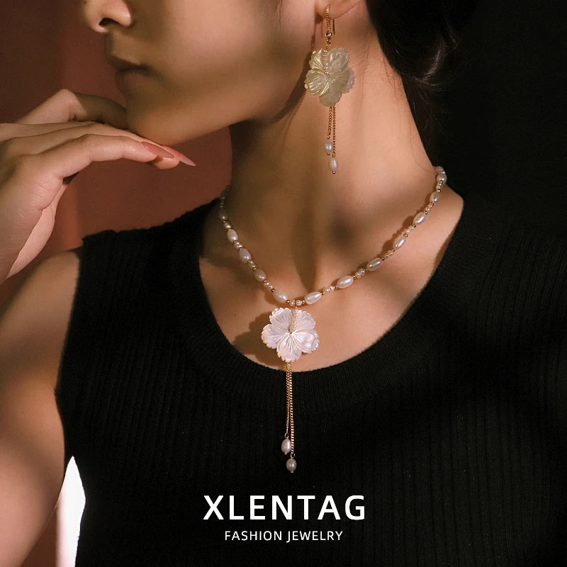 Natural Pearl Flower Shell Chain Necklace Earrings Luxurious Design High-Quality Set for Banquet Wedding Women's Jewelry GS0224