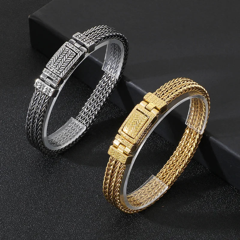 KALEN Men Punk 215mm Stainless Steel Leaf Mark Herringbone Links Bracelet