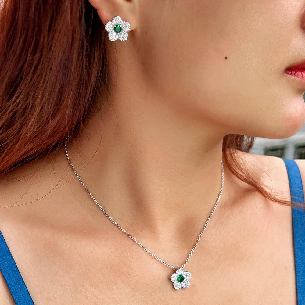 S&S Flower CZ Necklace & Earrings Set – Red, Blue, White & Green – Collection