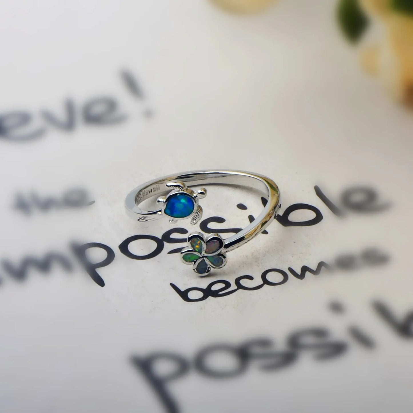Cute Turtle & Flower Opal Open Ring | Blue/Iridescent Gem Inlay  Band | Nature-Themed Fashion Jewelry for Women