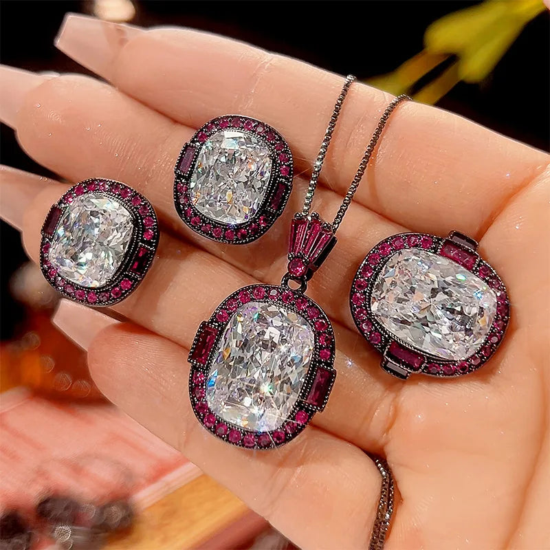 REDheart Women's Trendy Flower Shape Brass Zircon and Copper Inlaid Gold Plated Pendant Necklace Set with Movable Ring