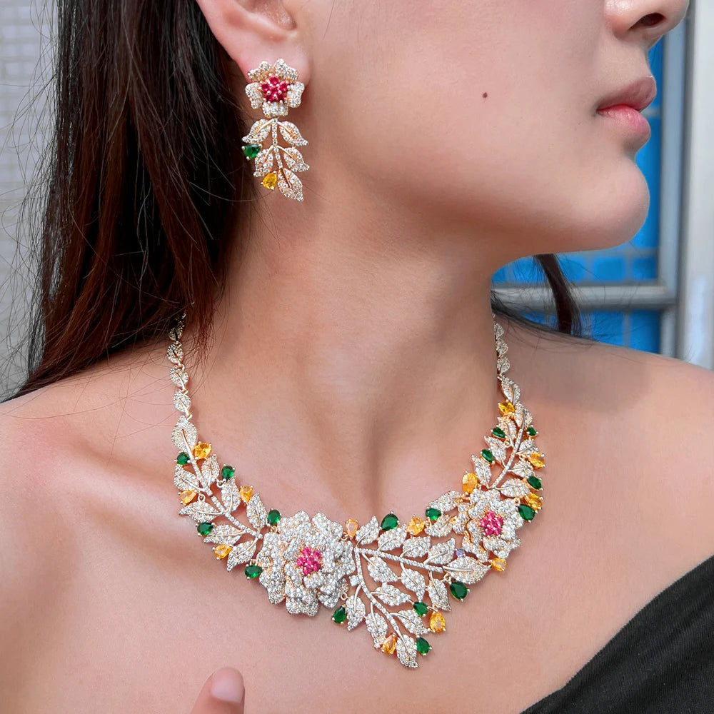 Luxury African Gold Plated Cubic Zirconia Statement Flower Leaf Shape Bridal Jewelry Set for Women Wedding Costume Jewellery