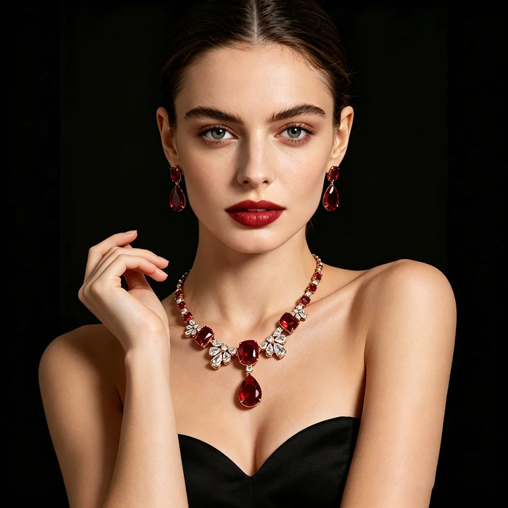 XM S302 Cushion Cut Zircon Teardrop Statement Necklace & Drop Earrings Set
