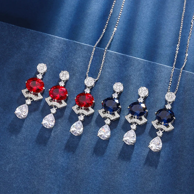 Gemfiori Micro Inlaid Zircon Earrings Long Blue Zircon Round Pendant Elegant Dress Water Droplet Earrings Jewelry Set
