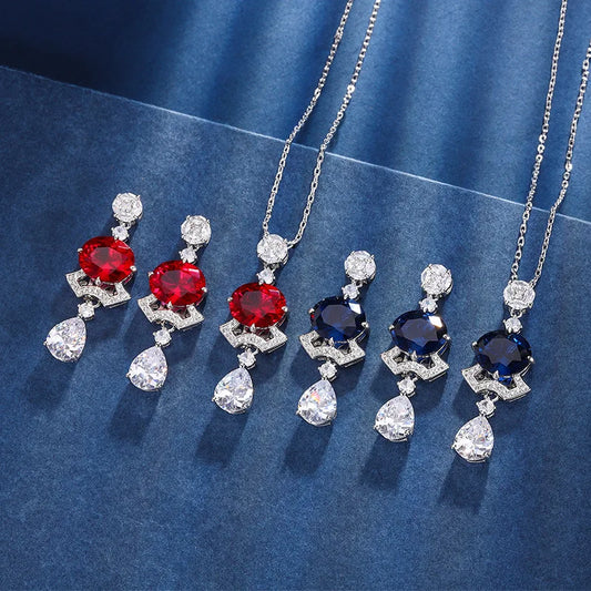 Gemfiori Micro Inlaid Zircon Earrings Long Blue Zircon Round Pendant Elegant Dress Water Droplet Earrings Jewelry Set