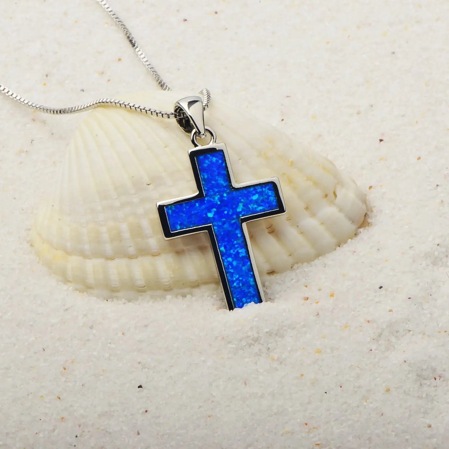 Blue Opal Cross Pendant | Silver Christian Jewelry Necklace