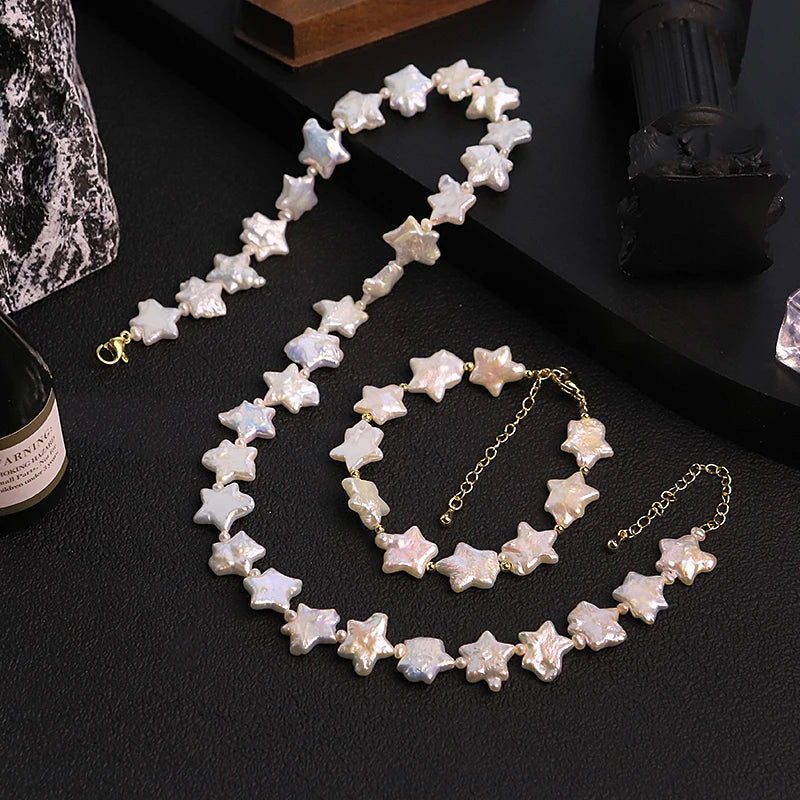 GLSEEVO Natural Star Shaped Baroque Pearl Jewelry Set for Women Birthday Gift Starry Pearl Necklace Bracelet Set Fashion Jewelry