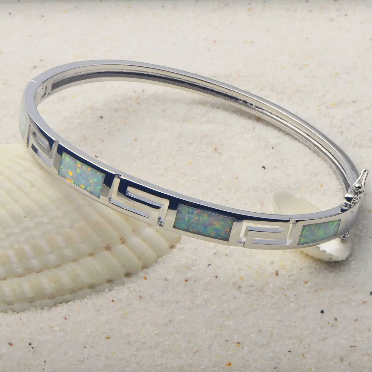 Shimmering Blue Opal Bangle Aobao Greek Key Geometric Design Silver Tone Jewelry