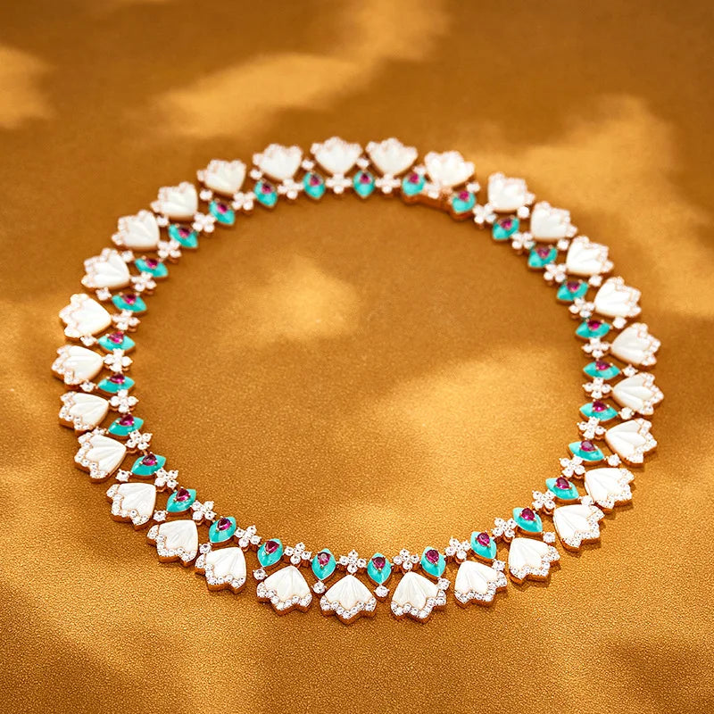 Dubai Luxury White Shell & Zirconia Choker Bridal Jewellery Set — Necklace, Earrings, Bracelet & Ring