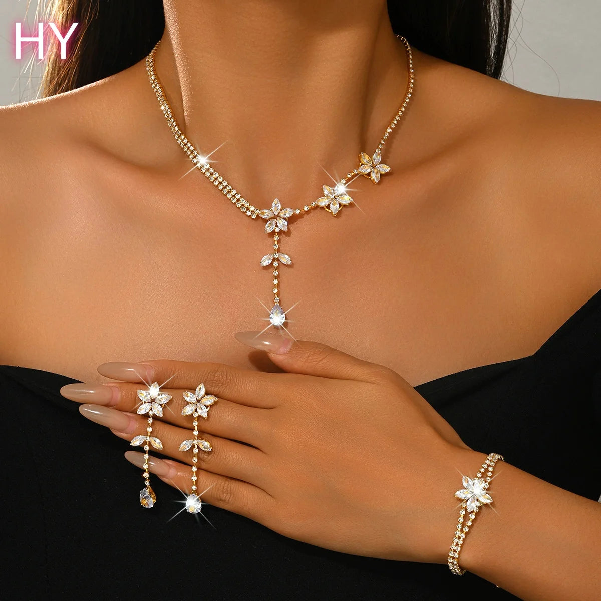 HY Daihe Set Glamorous Diamond Flower Leaf Tassel Chain Fashion Choker Necklace Earrings Party Wedding Jewelry Set