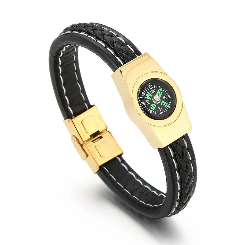 REBEL 210mm Unisex Trendy Ultrafiber Bracelet With Silver/Gold/Black Stainless Steel Compass