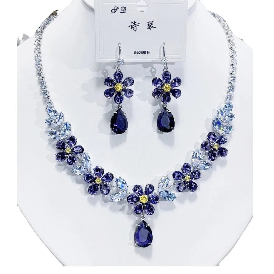 K087 Hot Selling Women Trendy Luxury Bridal Flower Blue Zircon Necklace Earrings Set Wedding Elegant Jewelry Set