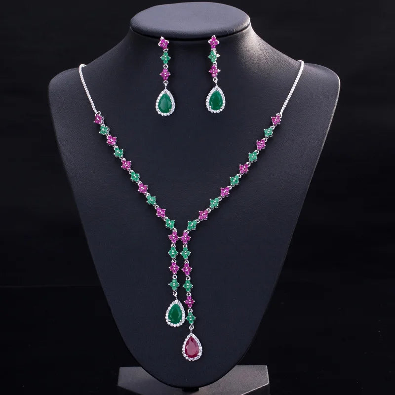 Fashion Mix Multicolor Cubic Zirconia Long Necklace and Earring Party Jewelry Set for Women Wedding Dress Accessories