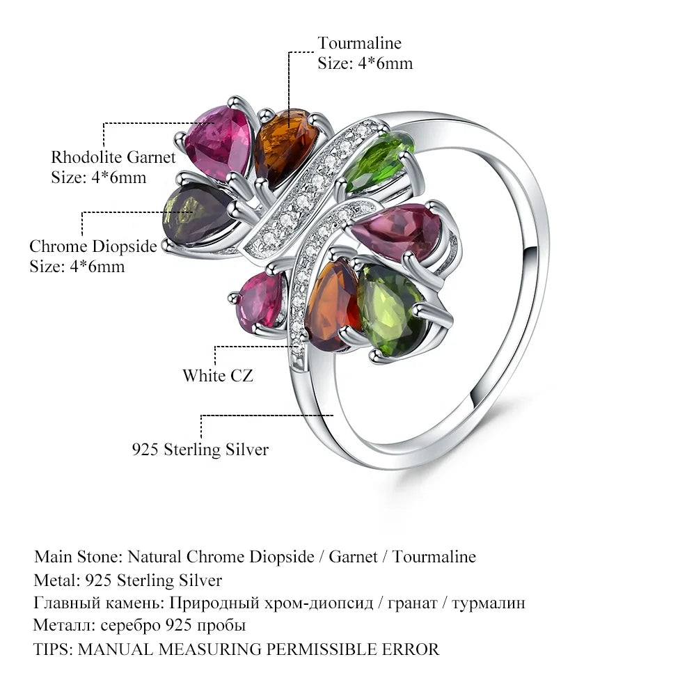 ArtistA Abiding Factory 925 Sterling Silver Mix Gemstone Rings Natural Chrome Diopside Rhodolite Garnet Tourmaline Ring for Women Fine