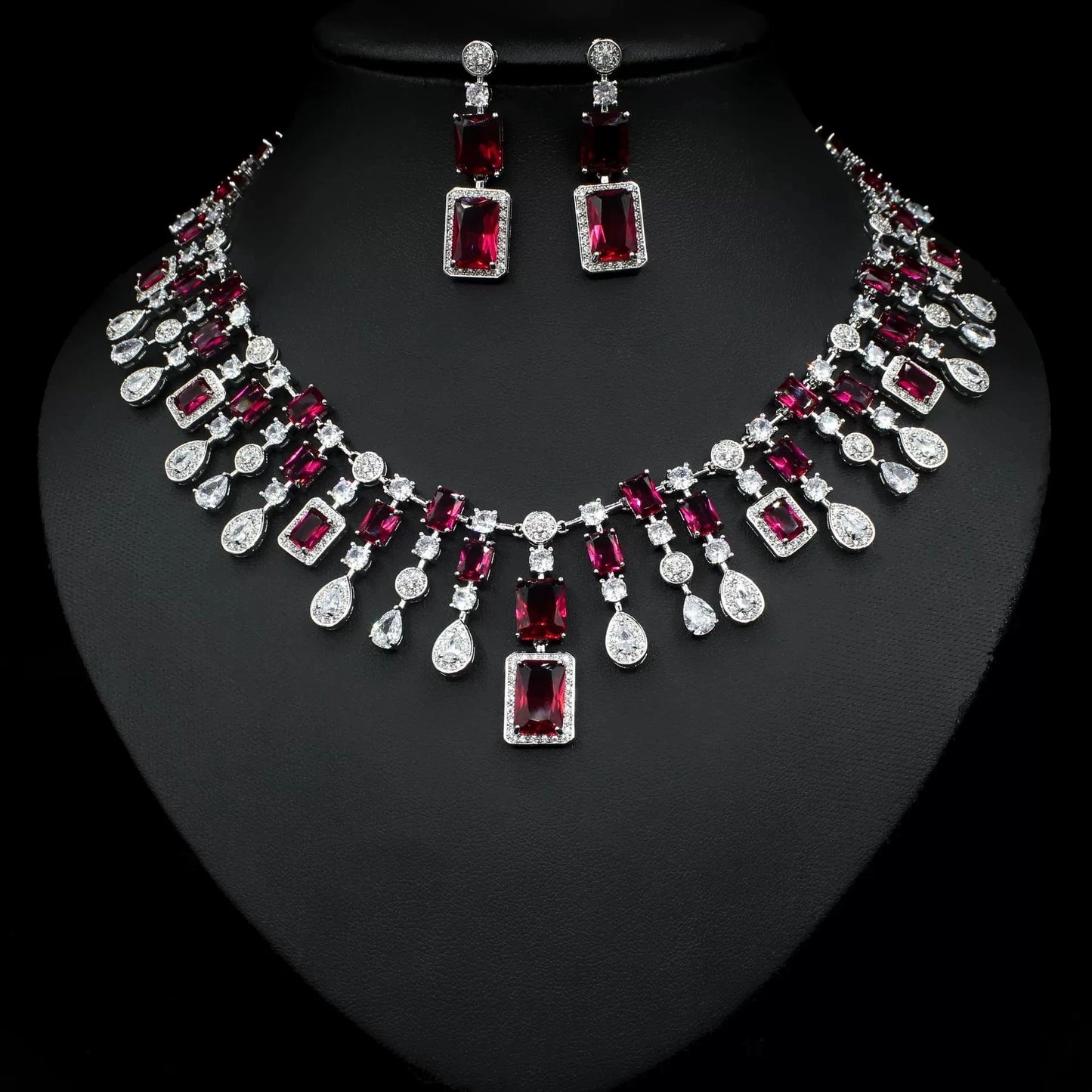 Luxury Cushion-Cut Zirconia Flower Statement Necklace & Drop Earrings Set — Silver Plated