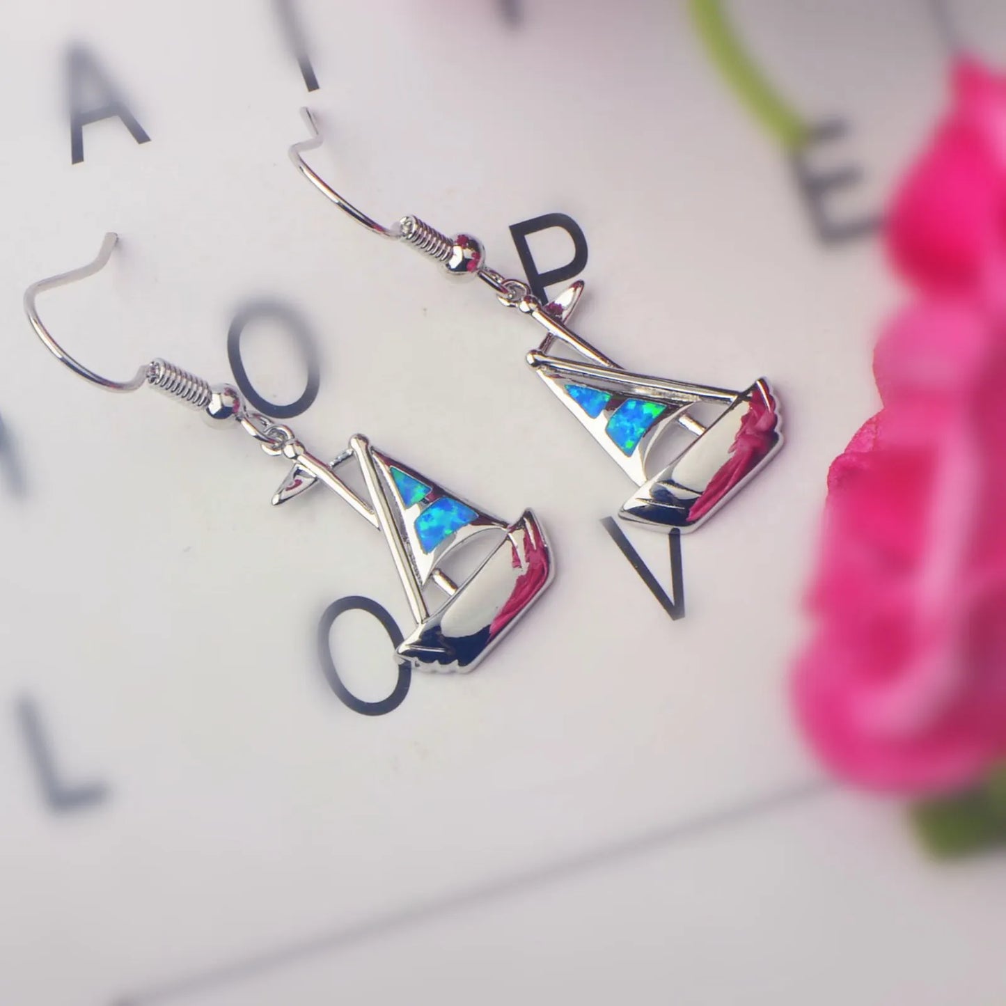 Nautical Sailboat Opal Drop Earrings - Blue Fire Opal Sail & Sleek Yacht Design | Beach-Chic Daily Jewelry Bulk Gifts