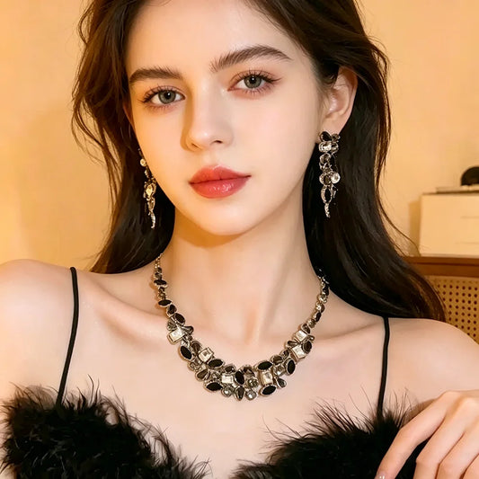 XM S382 Silver Plated Black Zircon Floral Marquise Necklace & Drop Earrings Bridal Set