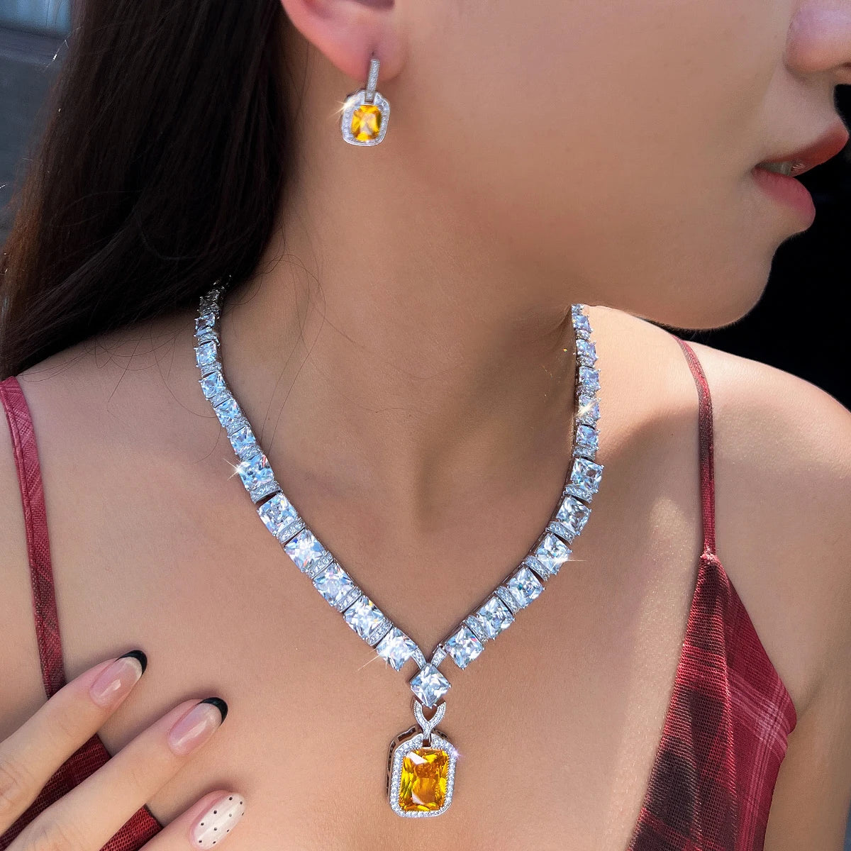 Supper Gorgeous Classy Big Square Yellow Cubic Zircon Arabic Bridal Luxury Party Wedding Jewelry Sets for Women