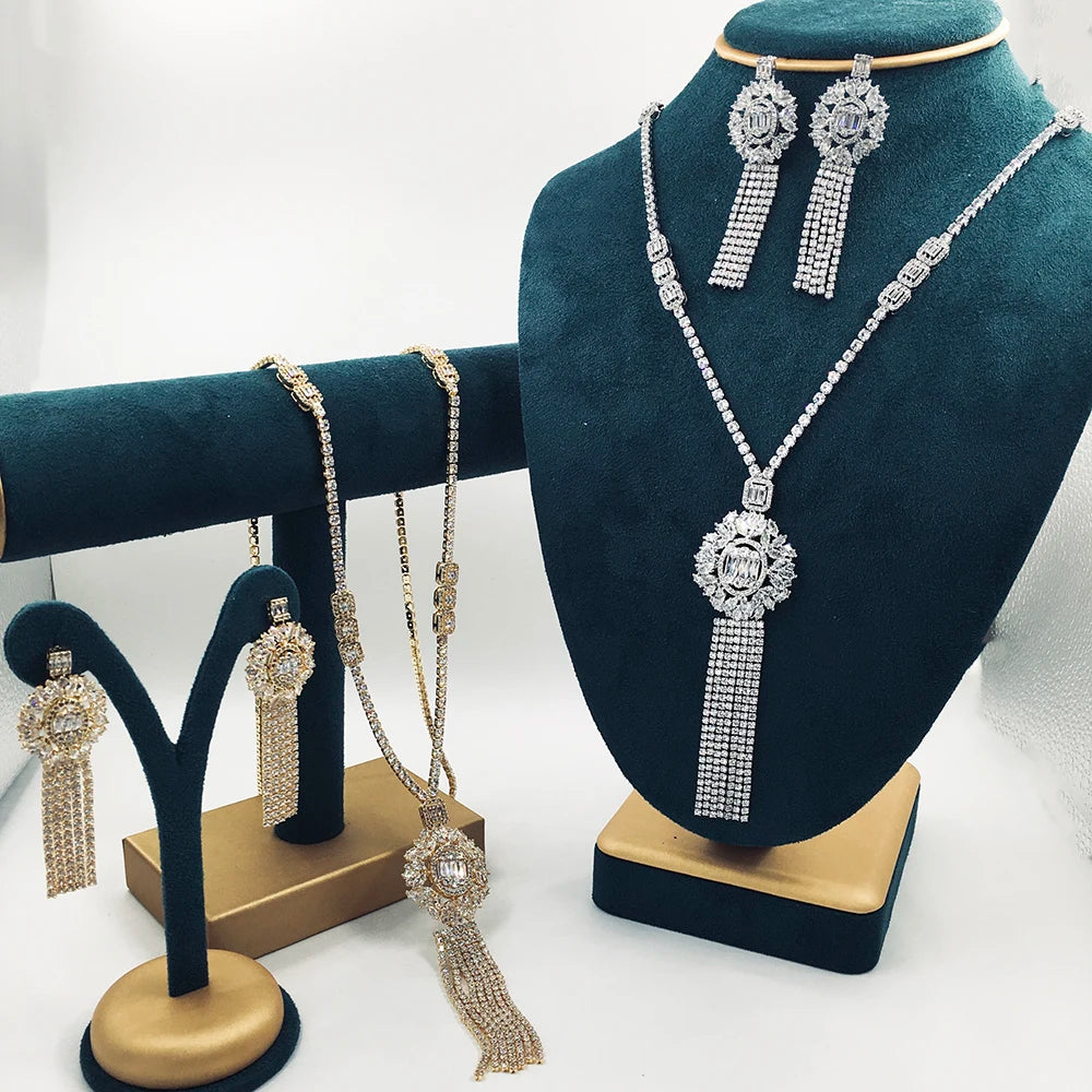 UAE 2PCS Luxury Long Tassel Jewelry Set for Women Wedding Cubic Zircon CZ African Dubai Bridal Jewelry