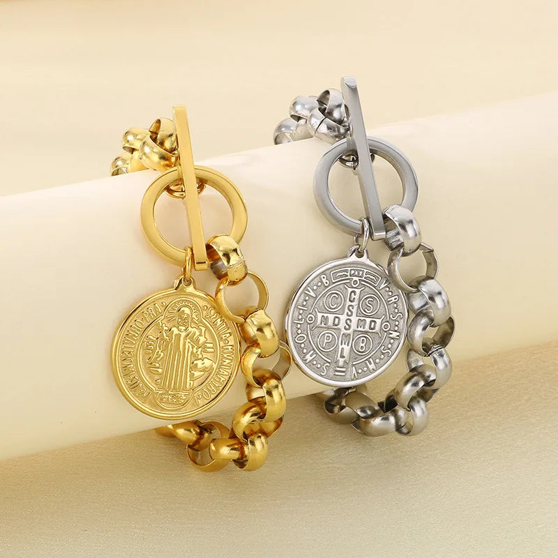 Kalen European and American Portrait Round Pendant Round Bead Chain OT Clasp Hiphop Necklace Stainless Steel Jewelry Set