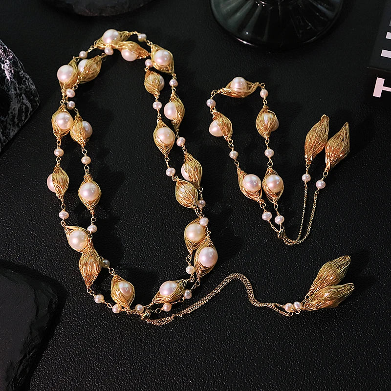 Double Layer Oval Natural Pearl Pull-Out Bracelet Necklace Set Handmade Adjustable Necklace Gift for Wife Women Jewelry GS0211