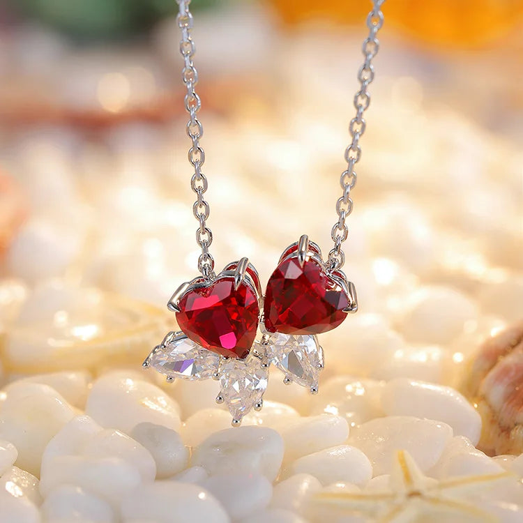 Gemfiori Solid 925 Sterling Silver 3.5ct 7*7mm Lab Created Red Ruby Heart Pendant for Necklace