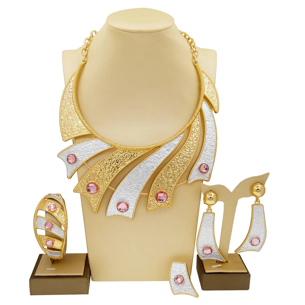 Zhuerru Italian Gold Plated Jewelry Set Pink Bead Necklace Bracelet Earrings Jewels Sets High Quality Fashion Woman Gift H00553