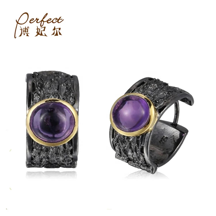 Amethyst 925 Sterling Silver Clip Pendant Earrings with Gold Plating for Women-Wedding Gift Party